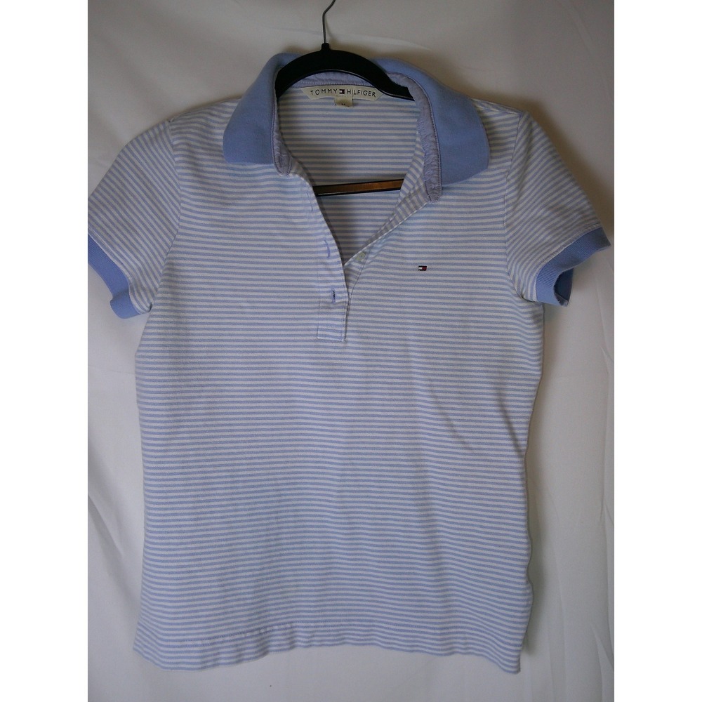 Tommy Hilfiger Womens Short Sleeve Striped Polo Shirt Light Blue White Size M